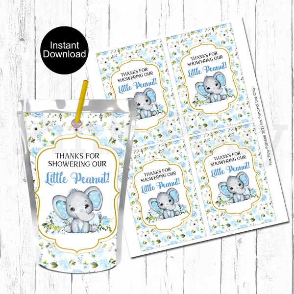 Elephant Juice Pouch Labels, Baby Shower Juice Labels, Elephant Favors, Boy Baby Shower Favors, Printable Juice Wrapper, Instant Download