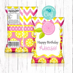 Lemonade Chip Bags, Birthday Chip Bag, Pink Lemonade Birthday, Girl Birthday Favors, Birthday Party Favor, Personalized Chip Bag Wrappers