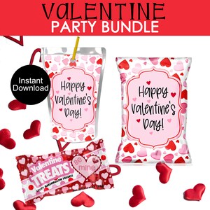 Valentine Party Bundle, Valentine's Day Chip Bags, Printable Digital Favors, Instant Download, Juice Pouch Labels, Rice Cereal Treat Wrapper