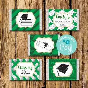 Editable Graduation Mini Candy Bar Wrappers, Green Chocolate Wrapper, Class of 2025 Party Favors, Printable Candy Labels