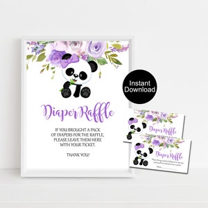 Bilhetes de rifa de fraldas Panda, jogo de chá de bebê para imprimir, chá de lavanda, cartões de rifa, download instantâneo, inserções de rifa, chá de bebê de menina