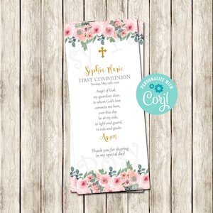 Editable First Communion Floral Prayer Card, Printable Prayer Card, Communion Favors, Communion Bookmark, Baptism Bookmark, Instant Download