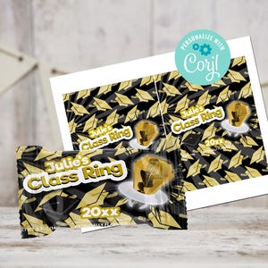 May include: A black and gold graduation party favor bag with a gold ring and a graduation cap design. The bag says "Julie's Class Ring 20XX" on the front.