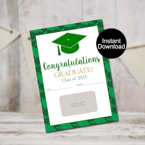 Carte-cadeau de remise des diplômes, Carte-cadeau imprimable, Carte de remise de diplôme universitaire, Carte de remise de diplôme d'études secondaires, Carte-cadeau verte Félicitations pour diplômé