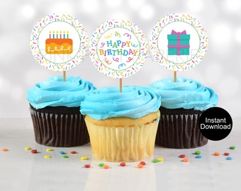 Birthday Cupcake Toppers, Confetti Cupcake Toppers, Birthday Party Favors, Printable Cupcake Toppers, Sprinkles Toppers, Instant Download