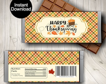 May include: Chocolate bar with a Thanksgiving theme. The wrapper features a plaid pattern in orange, green, and brown. The front of the wrapper says "Happy Thanksgiving" with fall leaves and pumpkins. The words "Instant Download" are in a black circle.