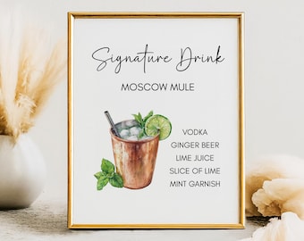 Letrero de Moscow Mule, Cóctel de autor, Despedida de soltera, Receta de vodka, Descarga instantánea, Baby Shower, Decoración de barra de boda, Despedida de soltera
