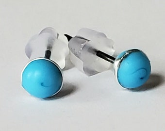 Turquoise, Glass Lampwork Stud Earrings, fine silver, etched