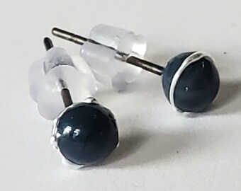 Dark Blue, Glass Lampwork Stud Earrings, fine silver, stainless steel posts, silicone backings