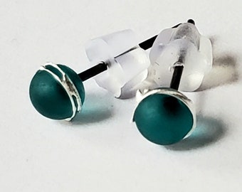 Dark Teal, Glass Lampwork Stud Earrings, fine silver, etched, stainless steel posts