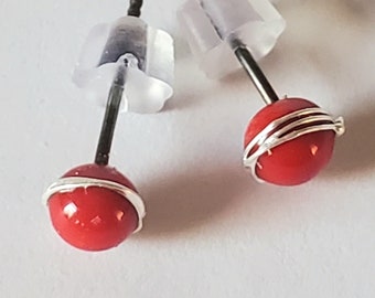 Light Red Glass Lampwork Stud Earrings, fine silver, stainless steel posts, silicone backings