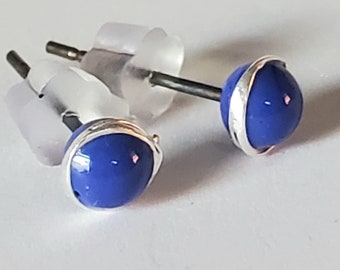 Light Lapis Blue Glass Lampwork Stud Earrings, fine silver, stainless steel posts, silicone backings