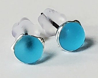 Light Aqua, Glass Lampwork Stud Earrings, fine silver, etched