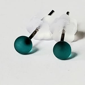 Dark Teal, Glass Lampwork Stud Earrings, 2-3mm, etched, stainless steel posts image 1