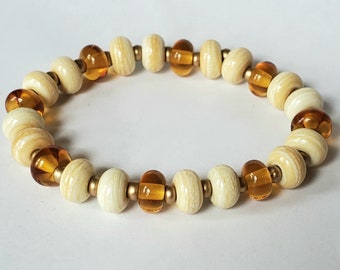 Lampwork Glass Bead Bracelet, Caramel Cream, stretch cord, one size fits most, gift