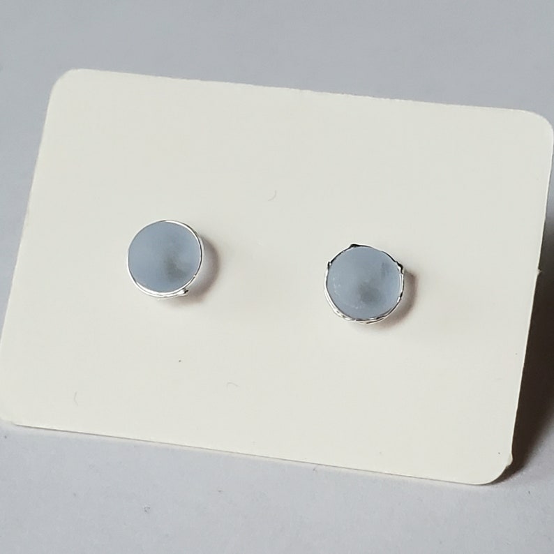 Pale Sapphire Blue, Glass Lampwork Stud Earrings, fine silver, etched, something blue for wedding bride image 2