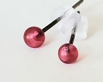 Ruby Pink, Glass Lampwork Stud Earrings, 2-3mm, etched, stainless steel posts