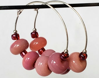 Lampwork Glass Beaded Hoop Earrings, Berry Sorbet, silver, gift