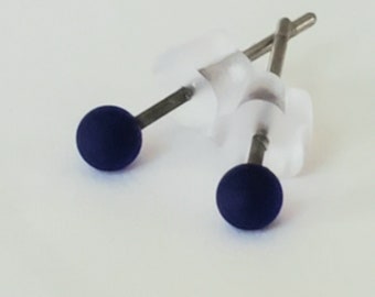 Cobalt Blue, Glass Lampwork Stud Earrings, 2-3mm, etched, stainless steel posts