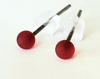 Red, Glass Lampwork Stud Earrings, 2-3mm, etched, stainless steel posts