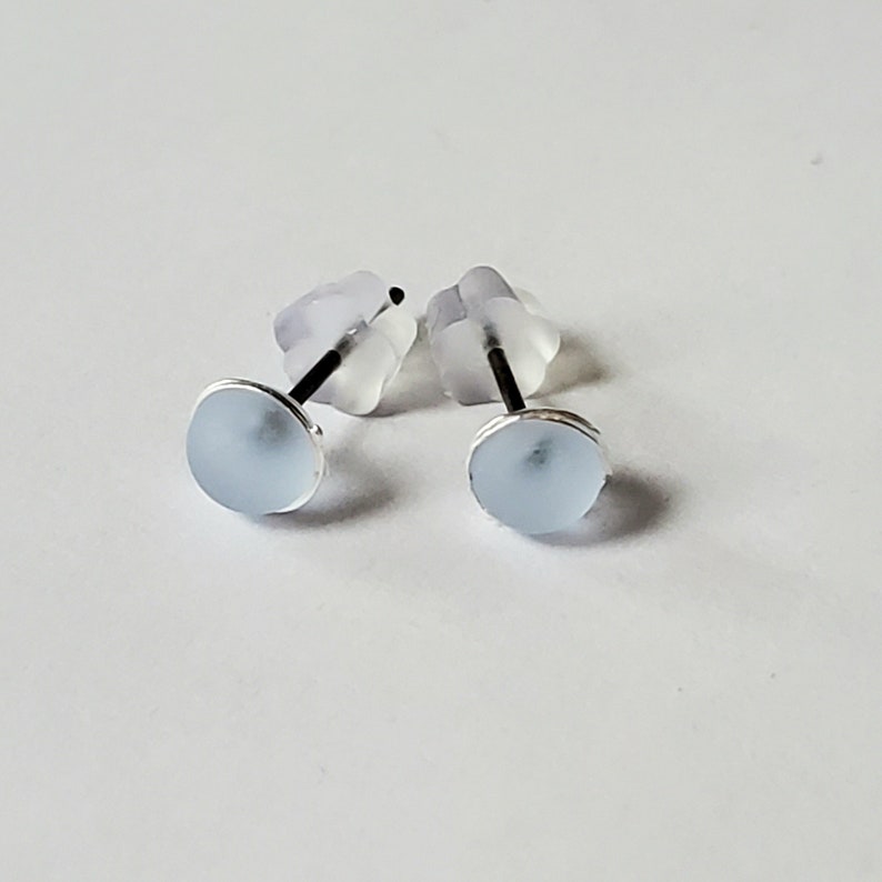 Pale Sapphire Blue, Glass Lampwork Stud Earrings, fine silver, etched, something blue for wedding bride image 1