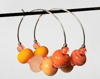Lampwork Glass Beaded Hoop Earrings, Peachy Keen, silver, gift