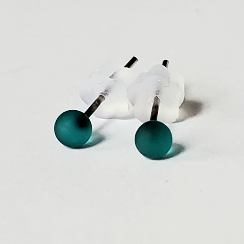 Dark Teal, Glass Lampwork Stud Earrings, 2-3mm, etched, stainless steel posts image 1