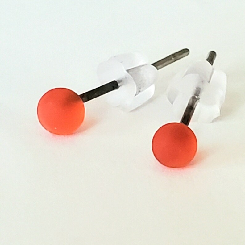 Orange, Glass Lampwork Stud Earrings, 2-3mm, etched, stainless steel posts image 1