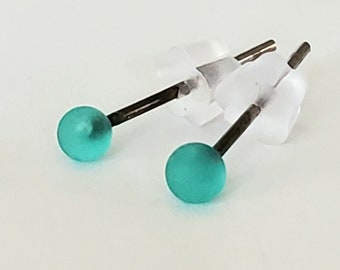 Light Teal, Glass Lampwork Stud Earrings, 2-3mm, etched, stainless steel posts