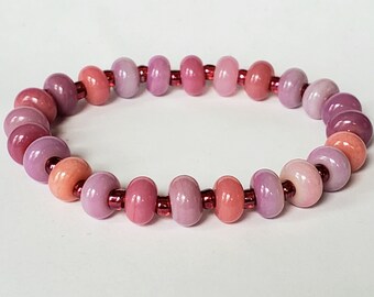 Lampwork Glass Bead Bracelet, Berry Sorbet, stretch cord, one size fits most, gift