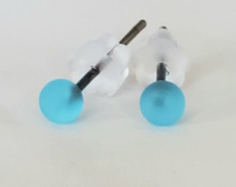 Light Aqua, Glass Lampwork Stud Earrings, 2-3mm, etched, stainless steel posts