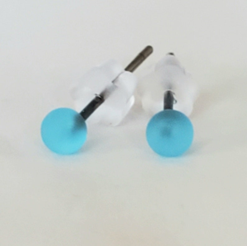 Light Aqua, Glass Lampwork Stud Earrings, 2-3mm, etched, stainless steel posts image 1