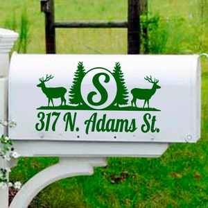 Deer mailbox decal address monogram cabin pine trees