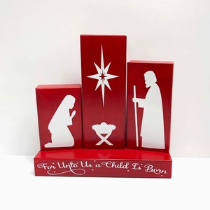 Mary Joseph Baby Jesus block set For Unto Us a Child is Born Christmas nativity set of 4 Red