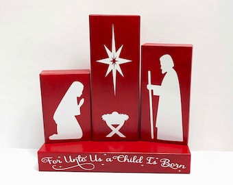 Mary Joseph Baby Jesus block set For Unto Us a Child is Born Christmas nativity set of 4