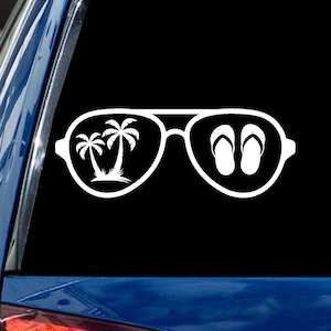 Sunglasses Decal: Palm Trees & Flip Flops - Beach Car Bumper Sticker