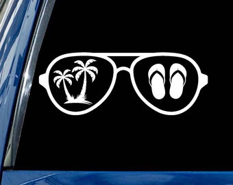 Sunglasses Decal: Palm Trees & Flip Flops - Beach Car Bumper Sticker