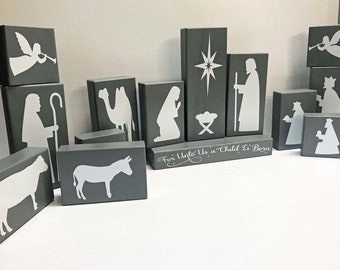 Nativity Scene Wood Blocks Christmas set of 14 Baby Jesus Mary Joseph Manger Shepherd Wise Men Camel Donkey Sheep Angels Cow