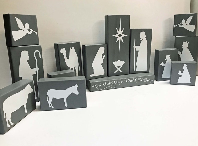 Mary Joseph Baby Jesus block set For Unto Us a Child is Born Christmas nativity set of 4 image 6