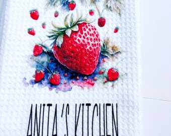 Strawberry kitchen towel personalized name tea towel Red kitchen decor fast Free Shipping