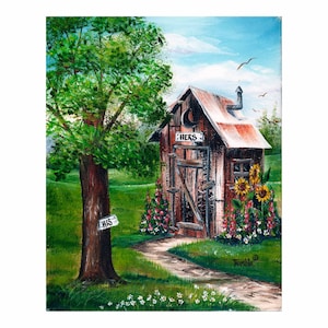 Outhouse painting unframed print his hers bathroom wall decor toilet humor restroom