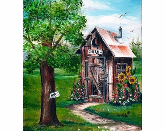 Outhouse painting unframed print his hers bathroom wall decor toilet humor restroom