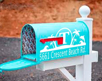 Beach mailbox decal address monogram palm trees ocean dolphin