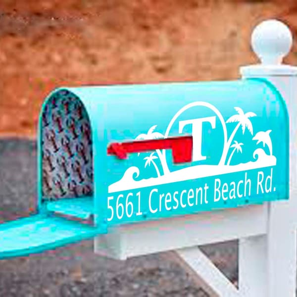 Beach mailbox decal address monogram palm trees ocean dolphin