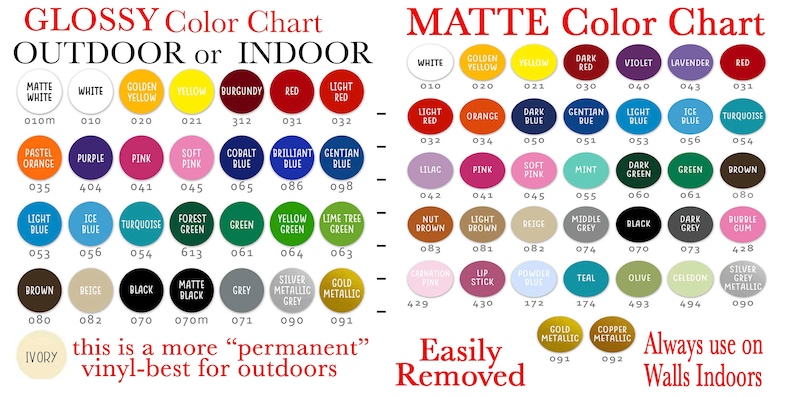 Color chart for vinyl decals