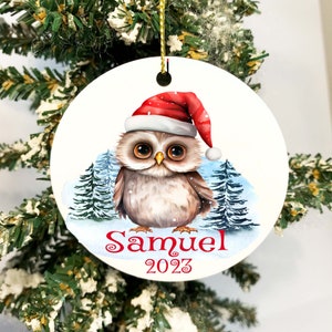 Owl Ornament personalized baby first Christmas woodlands name year