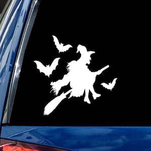 Witch Decal bats Broomstick Halloween decor vinyl window sticker