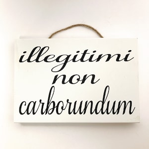 May include: White wooden sign with black cursive lettering that reads "illegitimi non carborundum". The sign has a twine hanger.