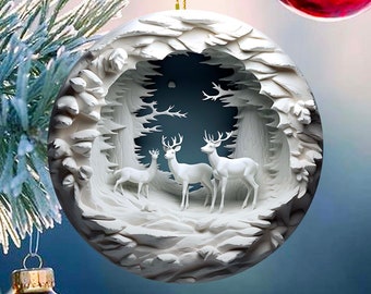 Deer ornament 3D effect blue white Christmas tree keepsake decor