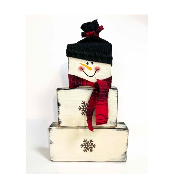 Snowman block set extra large stacking wood rusty snowflake buttons black hat Winter Christmas decor